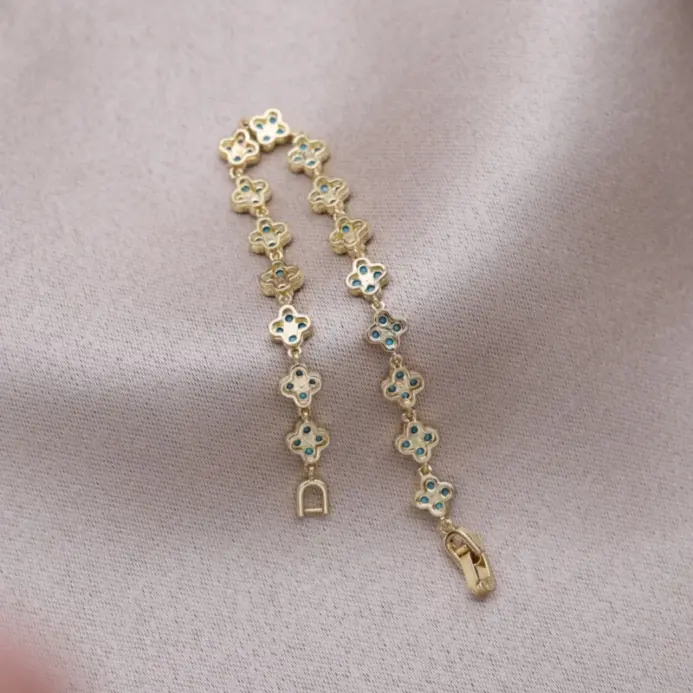 Joyería de moda de nuevo diseño coreano, pulsera de flores de circón azul de lujo chapada en oro de 14K, accesorios de trabajo diario elegantes para mujer 2