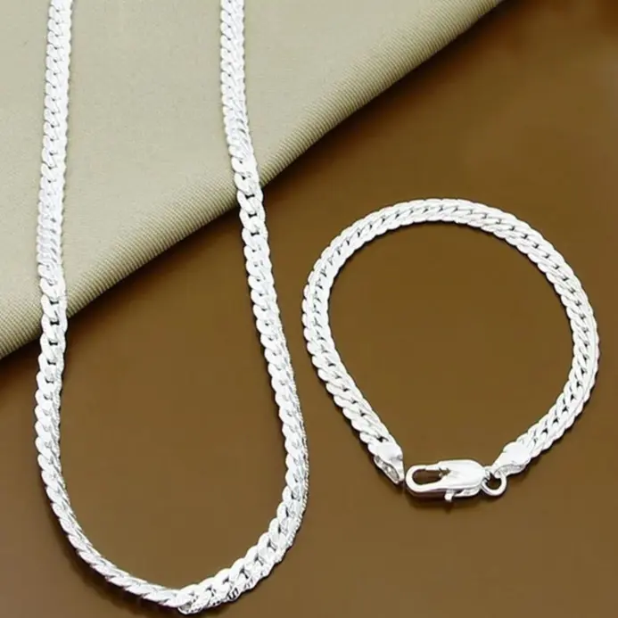 Plata de Ley 925 8/16/18/20/22/24 pulgadas 6mm collar de cadena lateral pulsera para mujer hombres moda encanto joyería de boda 1