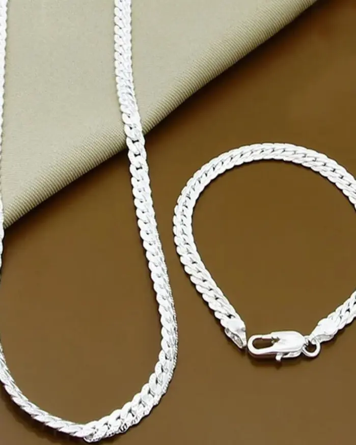 Plata de Ley 925 8/16/18/20/22/24 pulgadas 6mm collar de cadena lateral pulsera para mujer hombres moda encanto joyería de boda 1