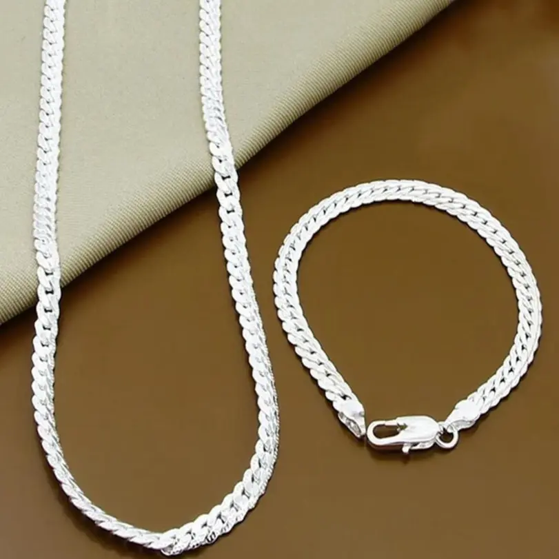 Plata de Ley 925 8/16/18/20/22/24 pulgadas 6mm collar de cadena lateral pulsera para mujer hombres moda encanto joyería de boda 1