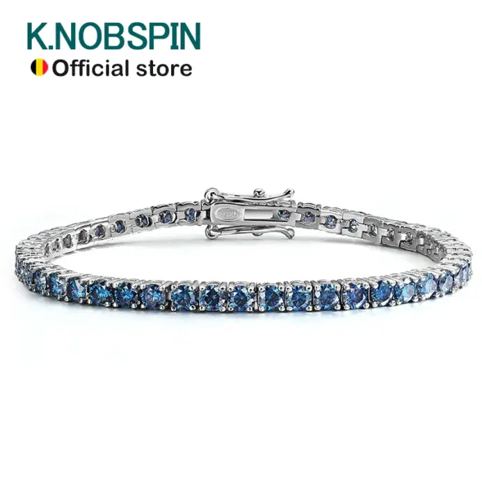 KNOBSPIN Pulseras de tenis de moissanita azul para mujer y hombre, 3mm, 4mm, diamante de cultivo de laboratorio con certificado, pulsera chapada en plata 925 de 18k 1