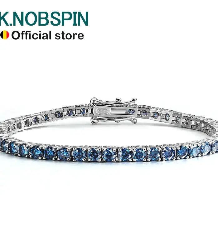 KNOBSPIN Pulseras de tenis de moissanita azul para mujer y hombre, 3mm, 4mm, diamante de cultivo de laboratorio con certificado, pulsera chapada en plata 925 de 18k 1