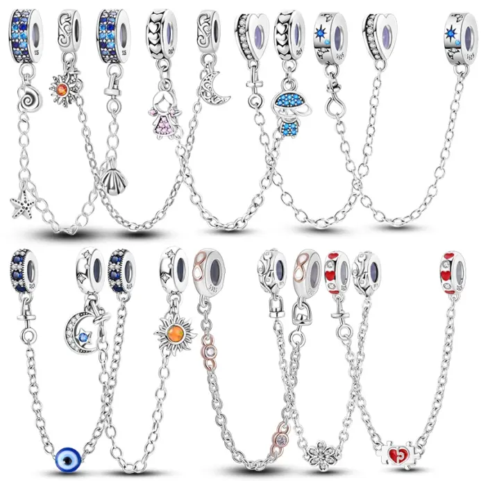 Cadena de seguridad de Plata de Ley 925 Original, estrella, Luna, sol, corazón, lazo, Clip de silicona, compatible con Pulsera Original, regalo de joyería DIY 2