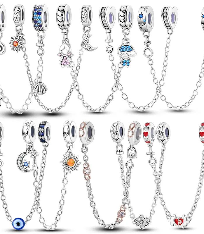 Cadena de seguridad de Plata de Ley 925 Original, estrella, Luna, sol, corazón, lazo, Clip de silicona, compatible con Pulsera Original, regalo de joyería DIY 2