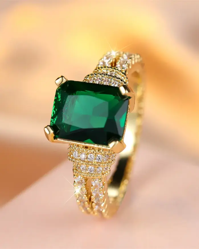 Anillos de compromiso de piedra cuadrada de cristal verde para mujer, joyería de boda de Color oro amarillo, piedra natal de mayo, regalos para el día de la madre 1