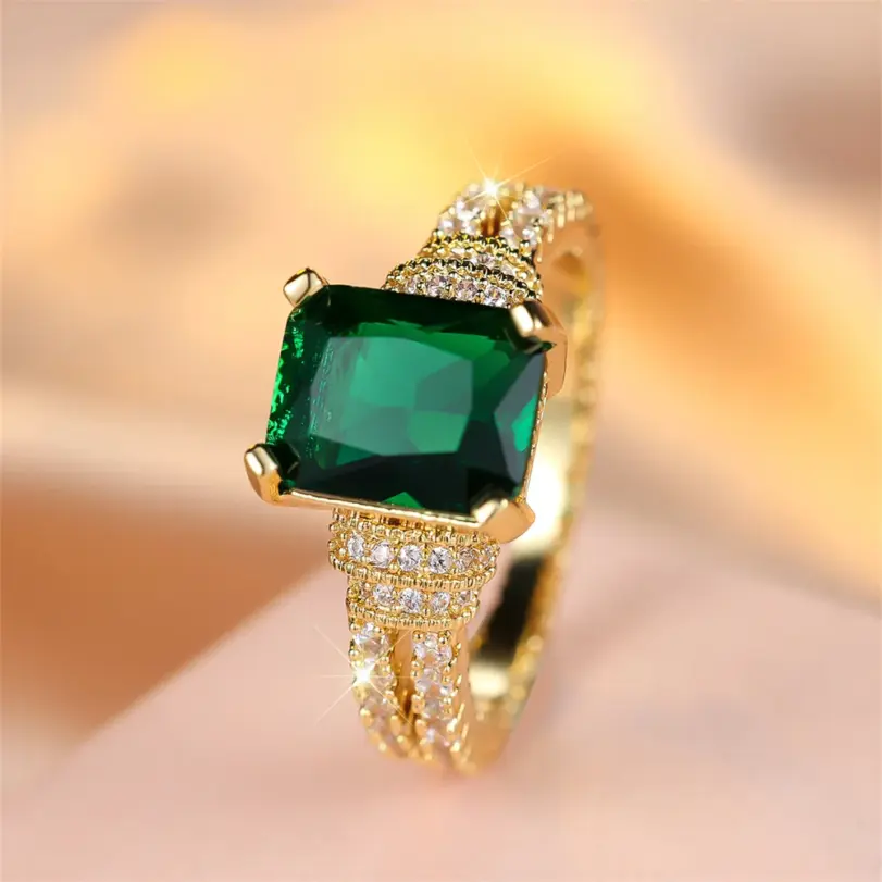 Anillos de compromiso de piedra cuadrada de cristal verde para mujer, joyería de boda de Color oro amarillo, piedra natal de mayo, regalos para el día de la madre 1