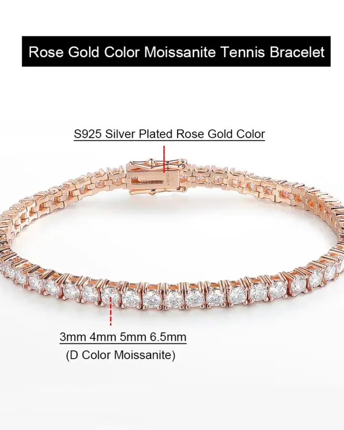 Serenity-pulsera de tenis de moissanita para hombre y mujer, Color oro rosa, 3mm, 4mm, 5mm, plata de ley S925, cadena de mano con diamantes de laboratorio brillantes 2