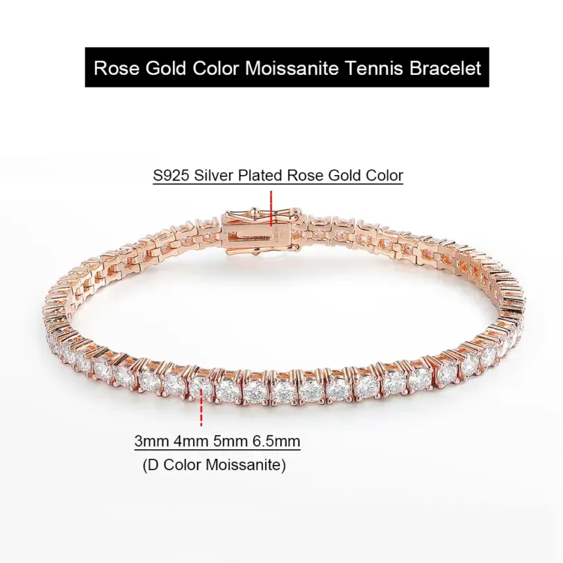 Serenity-pulsera de tenis de moissanita para hombre y mujer, Color oro rosa, 3mm, 4mm, 5mm, plata de ley S925, cadena de mano con diamantes de laboratorio brillantes 2