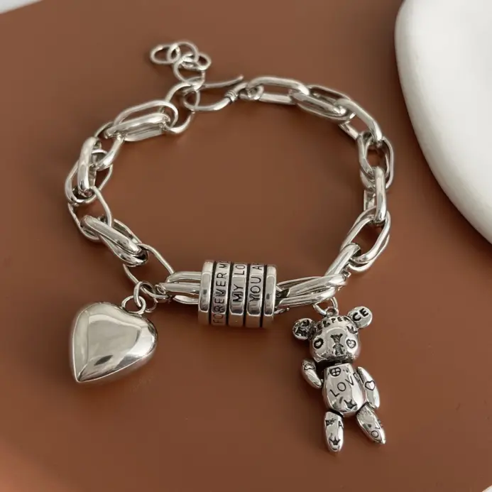 Pulsera Retro de plata de ley 925 100% sólida para mujeres y hombres, pulsera de corazón hecha a mano Vintage, regalo de cumpleaños 1