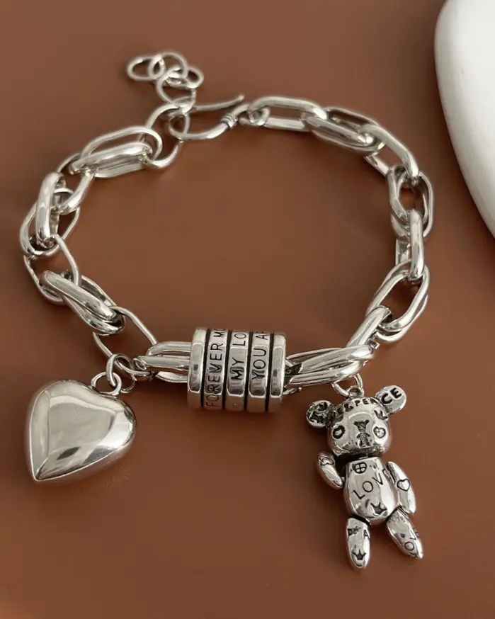 Pulsera Retro de plata de ley 925 100% sólida para mujeres y hombres, pulsera de corazón hecha a mano Vintage, regalo de cumpleaños 1