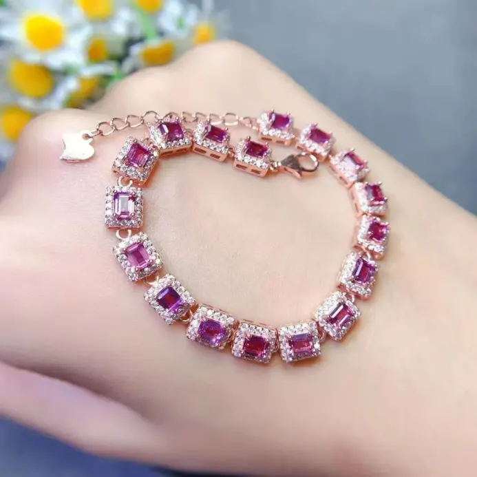 Pulsera de piedras preciosas de lujo para boda, 3mm x 4mm, granate Natural de 3 quilates, chapado en oro, joyería de plata 925 granate