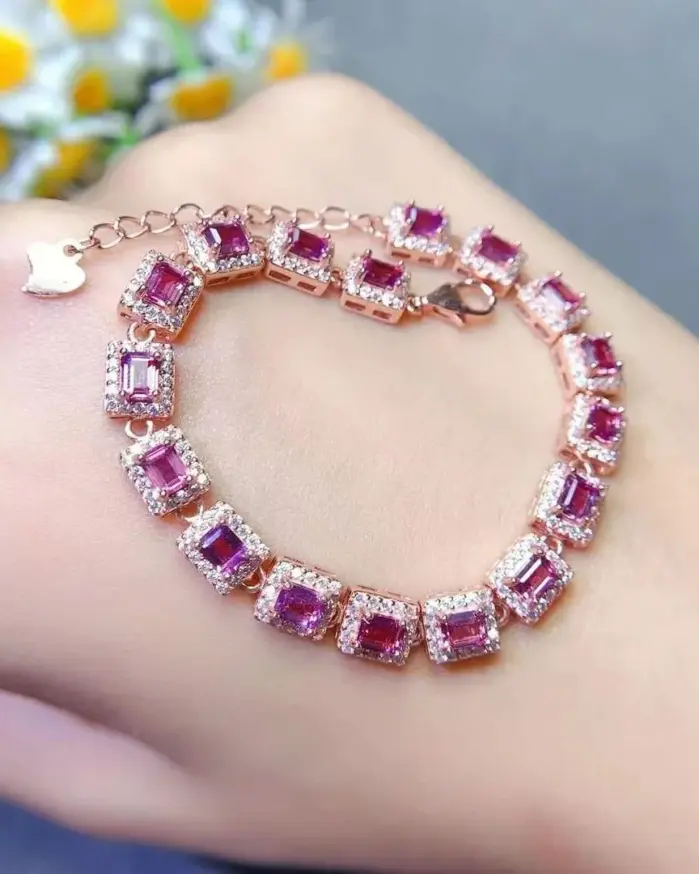 Pulsera de piedras preciosas de lujo para boda, 3mm x 4mm, granate Natural de 3 quilates, chapado en oro, joyería de plata 925 granate