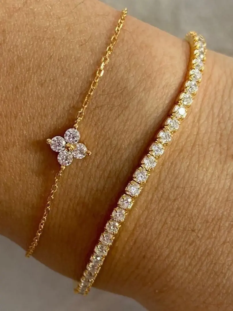 Conjunto de pulsera para mujer con cadena de agua y flor de circonia cúbica Simple, joyería diaria para oficina, 2 uds. 1 Conjunto de pulsera para mujer con cadena de agua y flor de circonia cúbica Simple, joyería diaria para oficina, 2 uds. 1