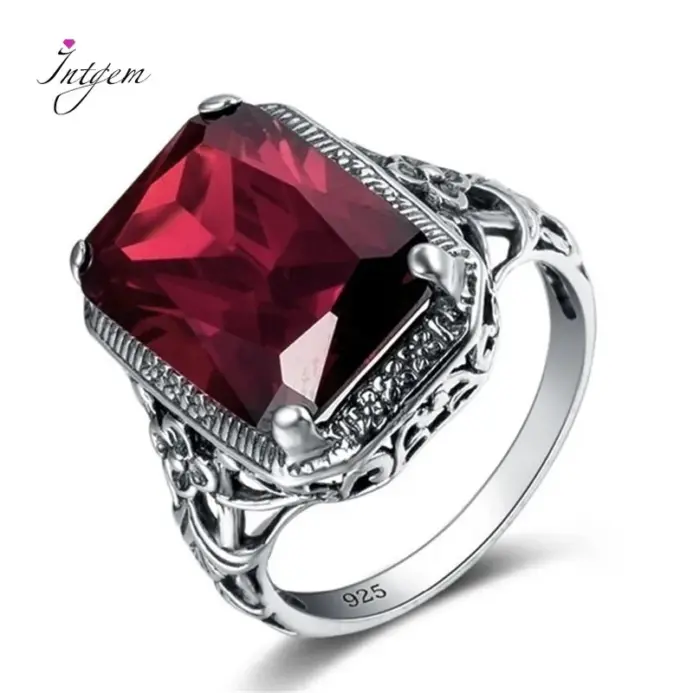 Anillo de plata de ley S925 para mujer con piedras preciosas de rubí, anillo de compromiso con flor, anillos de plata 925 Vintage de corte cuadrado para mujeres y hombres 1