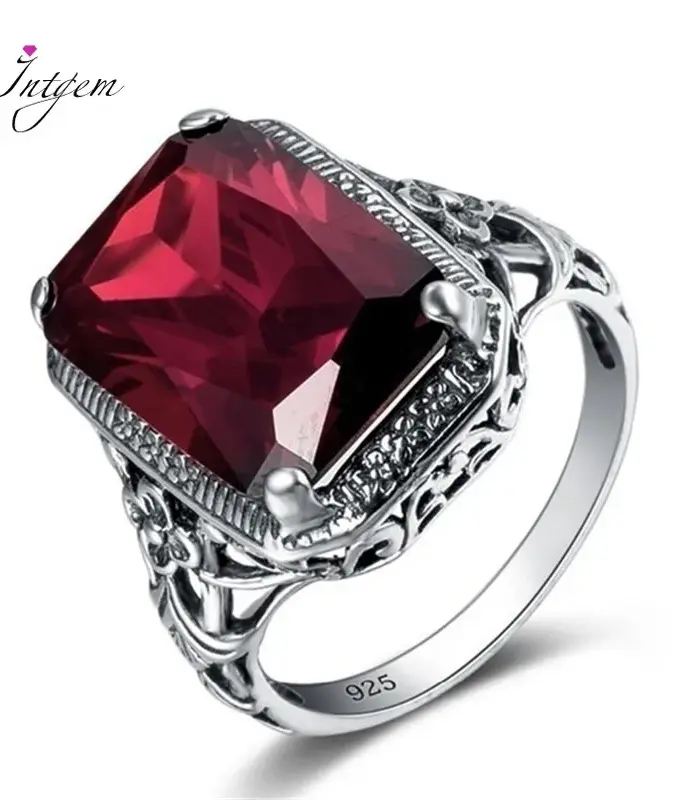 Anillo de plata de ley S925 para mujer con piedras preciosas de rubí, anillo de compromiso con flor, anillos de plata 925 Vintage de corte cuadrado para mujeres y hombres 1