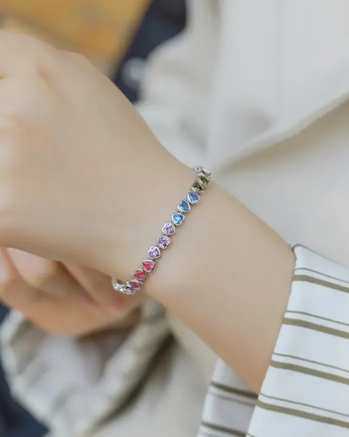 WES-pulsera de plata de ley 925 para mujer, corazón encantador, regalo del Día de San Valentín para novia, joyería de circonia cúbica de arcoíris, venta al por mayor 2