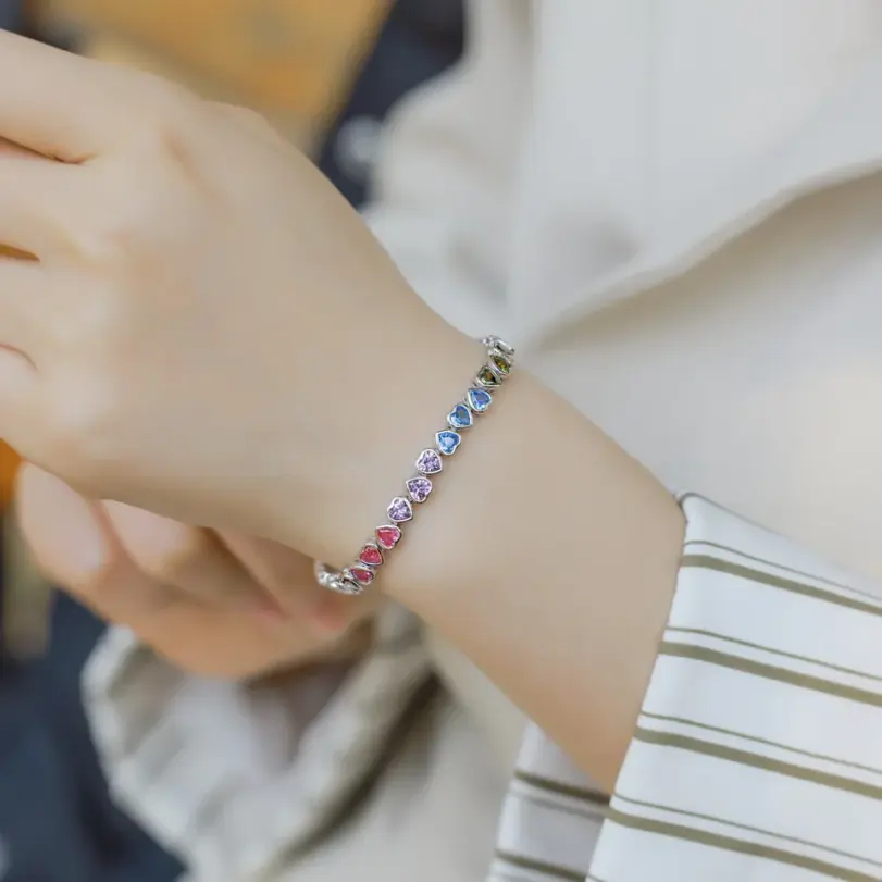 WES-pulsera de plata de ley 925 para mujer, corazón encantador, regalo del Día de San Valentín para novia, joyería de circonia cúbica de arcoíris, venta al por mayor 2