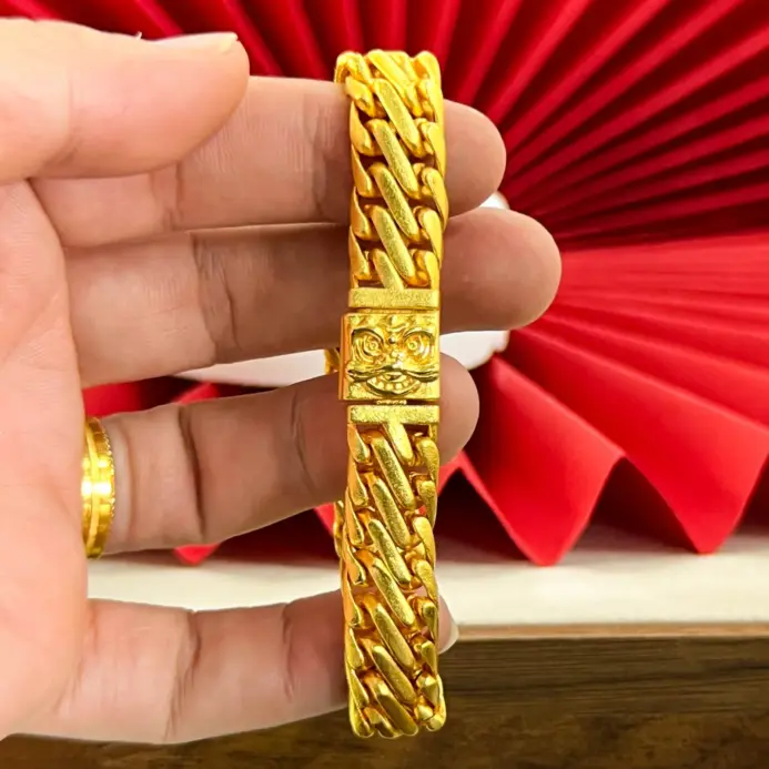Pulsera de lujo para hombre de oro puro 24K 9999, diseño antiguo con látigo de león y tres látigos de caballo, pulsera cubana estilo jefe. 1