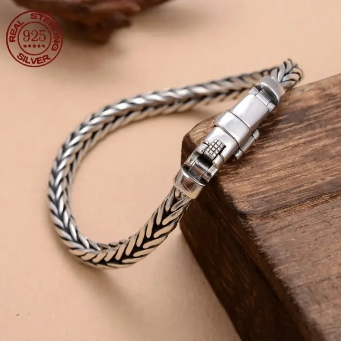 Pulsera de plata de ley S925 para hombre y mujer, alfiler tejido a mano, 6mm, joyería de lujo, regalo 1