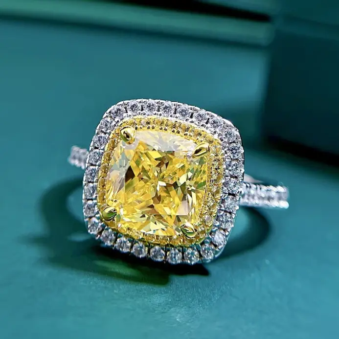 anillos de plata de ley 100% 925 con diamantes amarillos de alto contenido de carbono de 8x8mm para mujer, joyería fina brillante para fiesta de boda, venta al por mayor 2