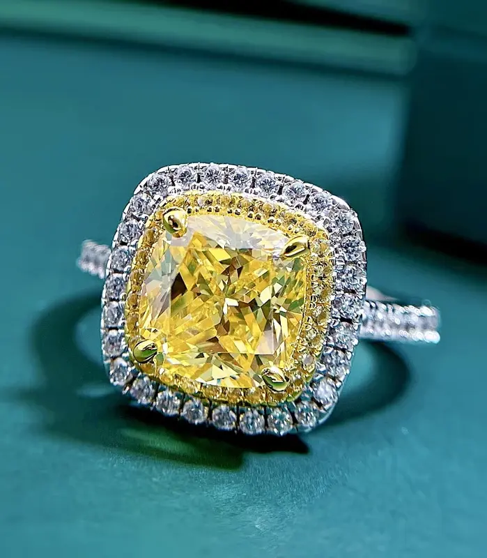 anillos de plata de ley 100% 925 con diamantes amarillos de alto contenido de carbono de 8x8mm para mujer, joyería fina brillante para fiesta de boda, venta al por mayor 2