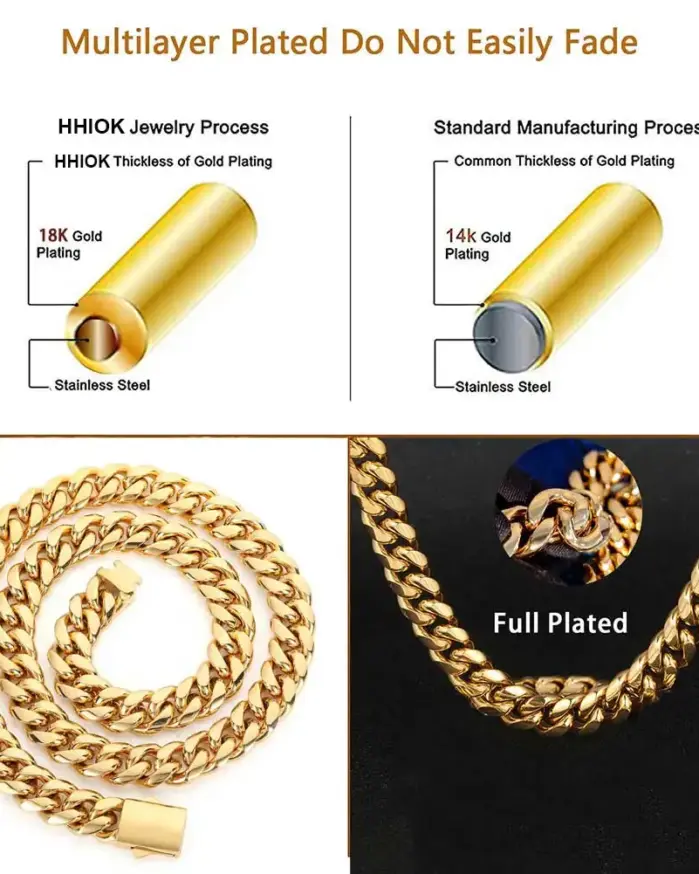 Alta calidad, ancho 8-14mm, cadena cubana de acero inoxidable de Color dorado, resistente al agua, collar de eslabones acolchados para hombres y mujeres, varios tamaños 2
