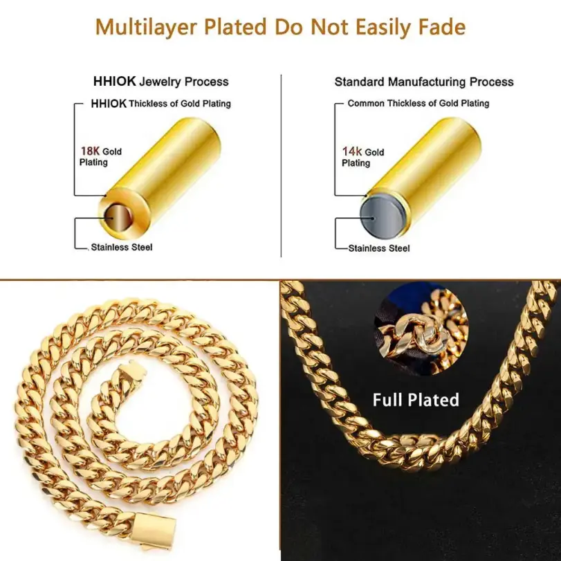 Alta calidad, ancho 8-14mm, cadena cubana de acero inoxidable de Color dorado, resistente al agua, collar de eslabones acolchados para hombres y mujeres, varios tamaños 2