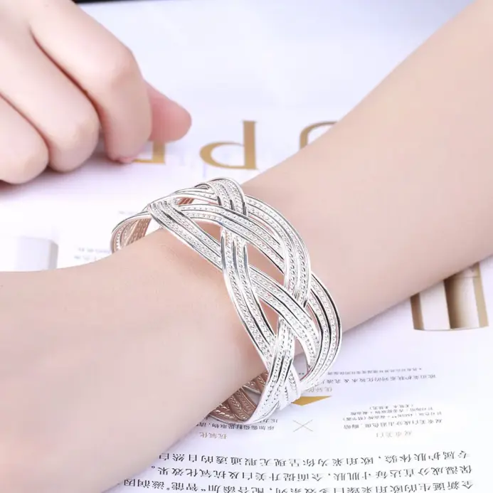 Pulseras de plata de ley 925 para mujer, brazalete de alambre trenzado elegante, regalo de boda, fiesta de Navidad, joyería de estudiante para niña 2