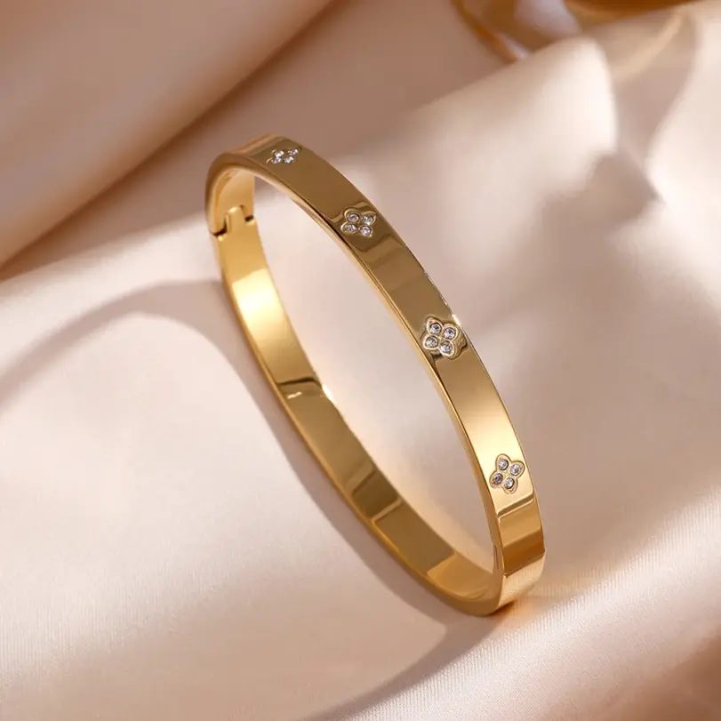 5/1 Uds. Conjunto de pulsera de acero inoxidable con incrustaciones de Zirconia brillante para mujer, brazaletes apilables, regalo de joyería que no se decolora 4