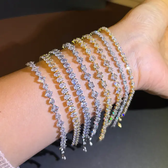 Pulseras de tenis de circonita cúbica brillante para mujer, cadena de Color plateado apilable y delicada de lujo, joyería de boda para banquete CZ de cristal 1