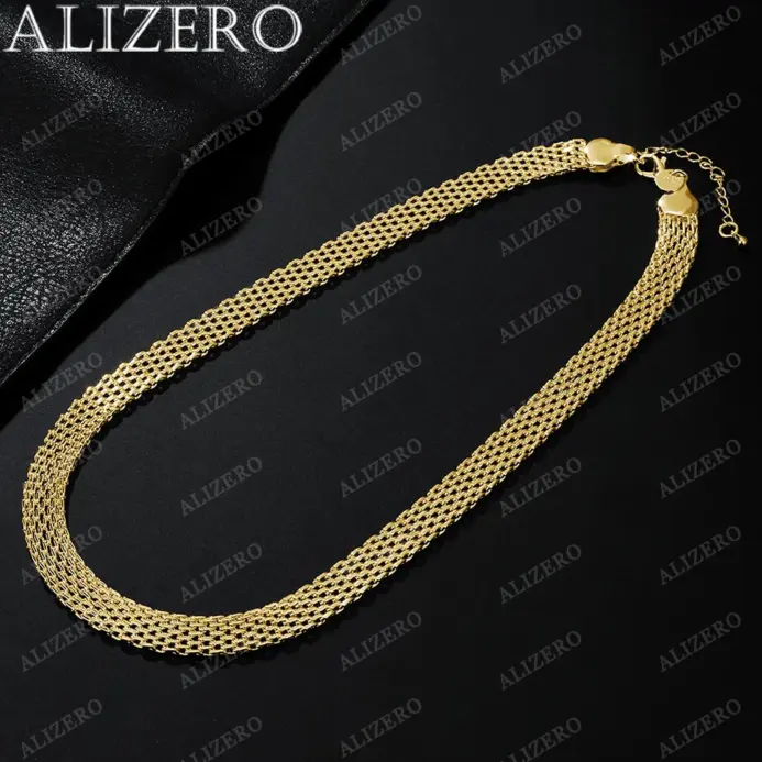 ALIZERO-collar de oro de 18 quilates para hombre y mujer, collar de malla tejida de 18 pulgadas y 10mm, joyería fina para fiesta de boda, regalos 2