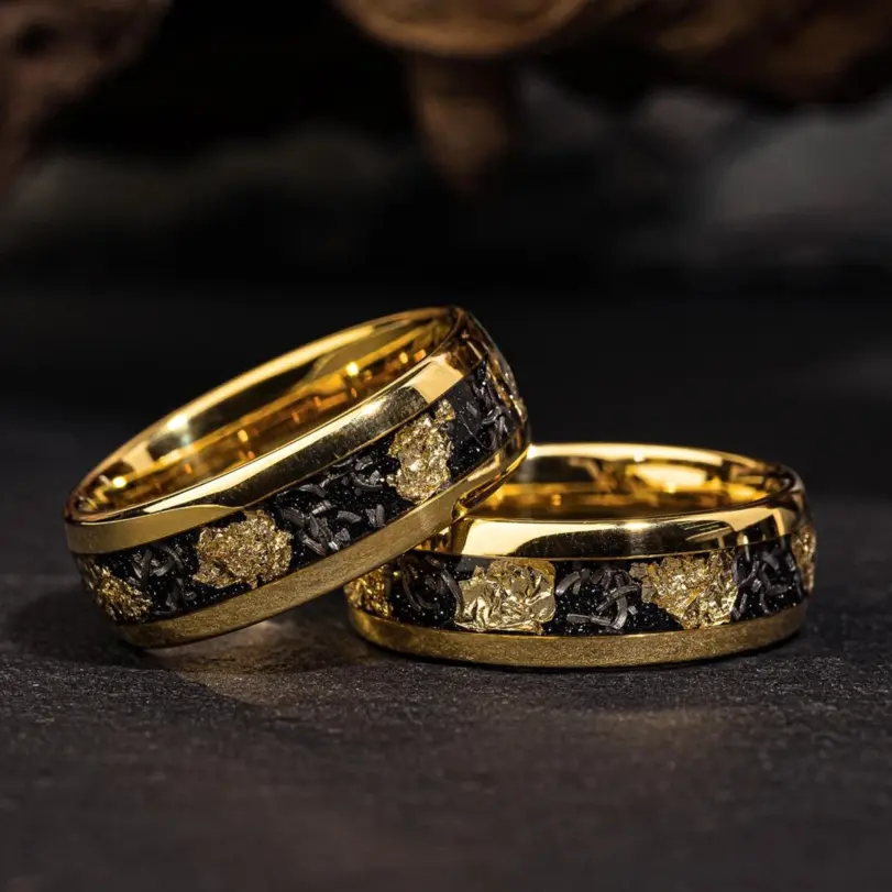 Anillo de tungsteno con meteorito de 8 mm para hombre, joyería de moda, anillos de boda para hombre, anillos de compromiso con incrustaciones de hoja de oro, regalos finos, ajuste cómodo. 3