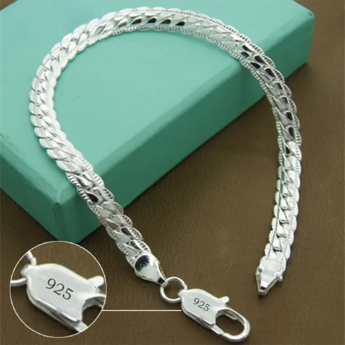 Pulsera de plata de ley 925 de 6mm, 18/20cm, cadena lateral plana, pulsera con cierre de langosta para mujer y hombre, joyería para fiesta y boda, regalo de vacaciones 1