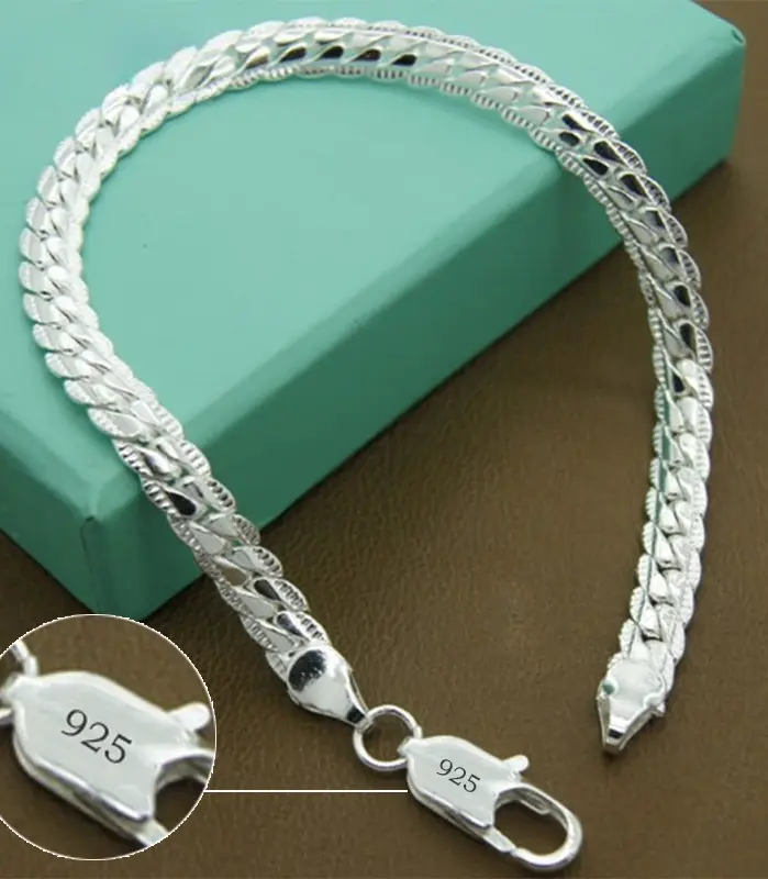 Pulsera de plata de ley 925 de 6mm, 18/20cm, cadena lateral plana, pulsera con cierre de langosta para mujer y hombre, joyería para fiesta y boda, regalo de vacaciones 1