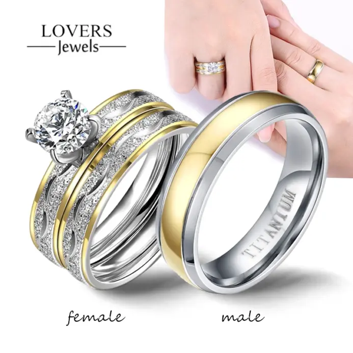 Conjunto de anillos de circonia cúbica para hombre y mujer, sortija Simple de acero inoxidable con diamantes de imitación, joyería de boda, regalo para pareja 1
