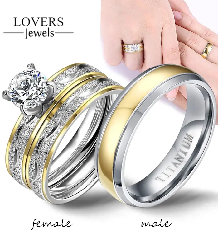 Conjunto de anillos de circonia cúbica para hombre y mujer, sortija Simple de acero inoxidable con diamantes de imitación, joyería de boda, regalo para pareja 1