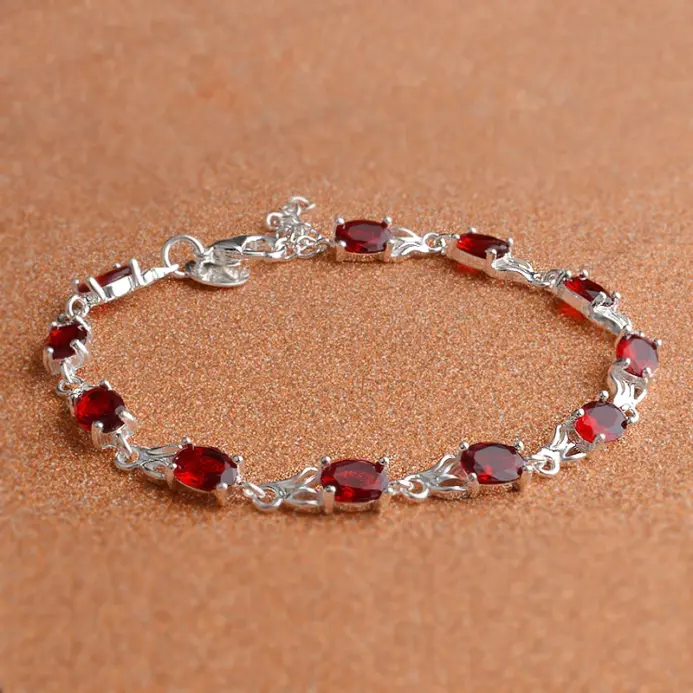 Pulseras de cristal rojo CZ de lujo a la moda de alta calidad para mujer, pulseras de plata de ley 925, joyería de regalo 2