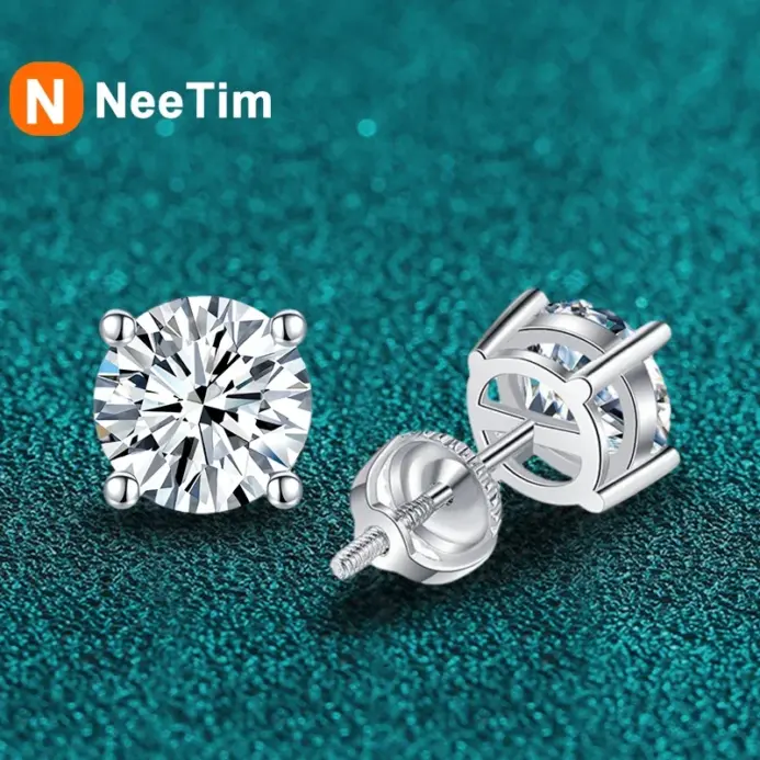 pendientes de moissanita de 2 quilates para mujer y hombre, aretes con rosca, plata maciza 925 con joyería chapada en oro blanco 1