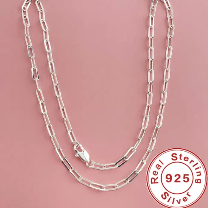 45-60cm, venta al por mayor, Plata de Ley 925, collar con Clip de papel de 3mm de ancho para niños, niñas y mujeres, joyería fina para fiesta de boda 1