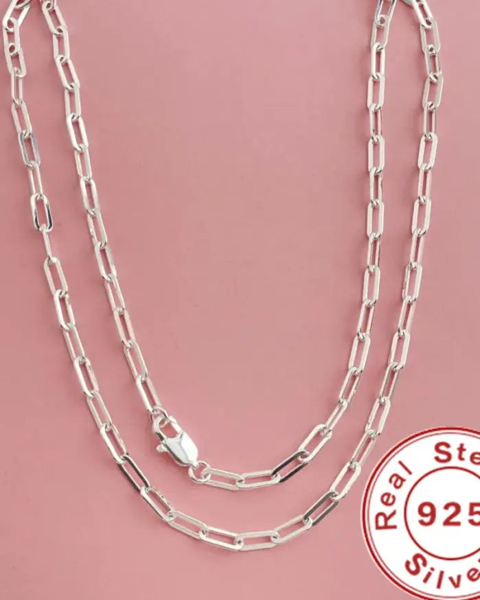 45-60cm, venta al por mayor, Plata de Ley 925, collar con Clip de papel de 3mm de ancho para niños, niñas y mujeres, joyería fina para fiesta de boda 1