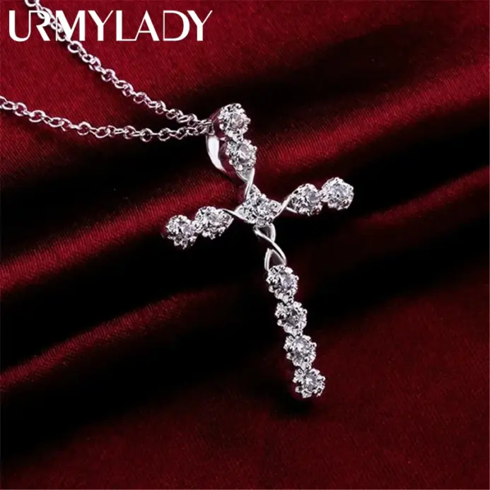Collar de cristal de Plata de Ley 925 de 45cm, dijes de boda para mujer, joyería de moda noble, cruz clásica, bonito regalo 1