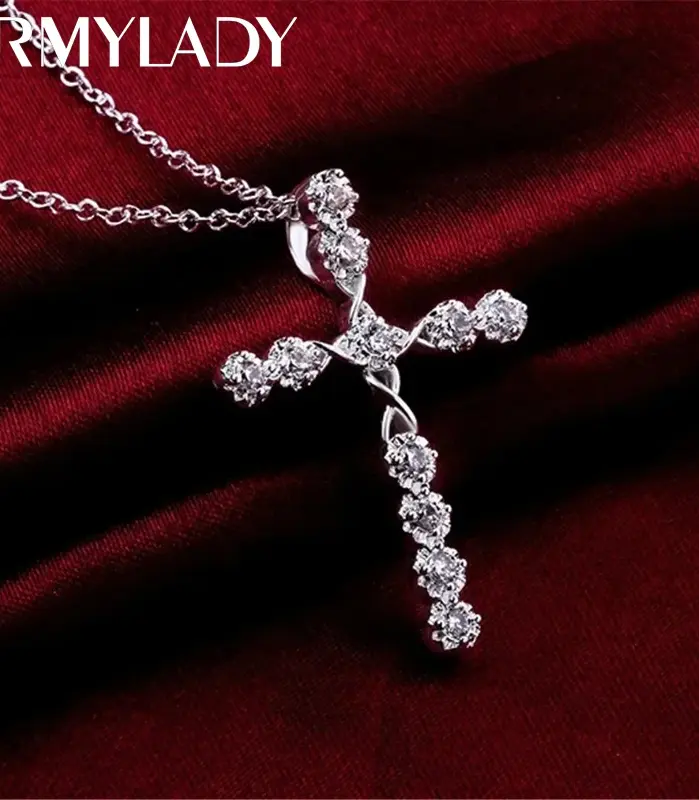 Collar de cristal de Plata de Ley 925 de 45cm, dijes de boda para mujer, joyería de moda noble, cruz clásica, bonito regalo 1