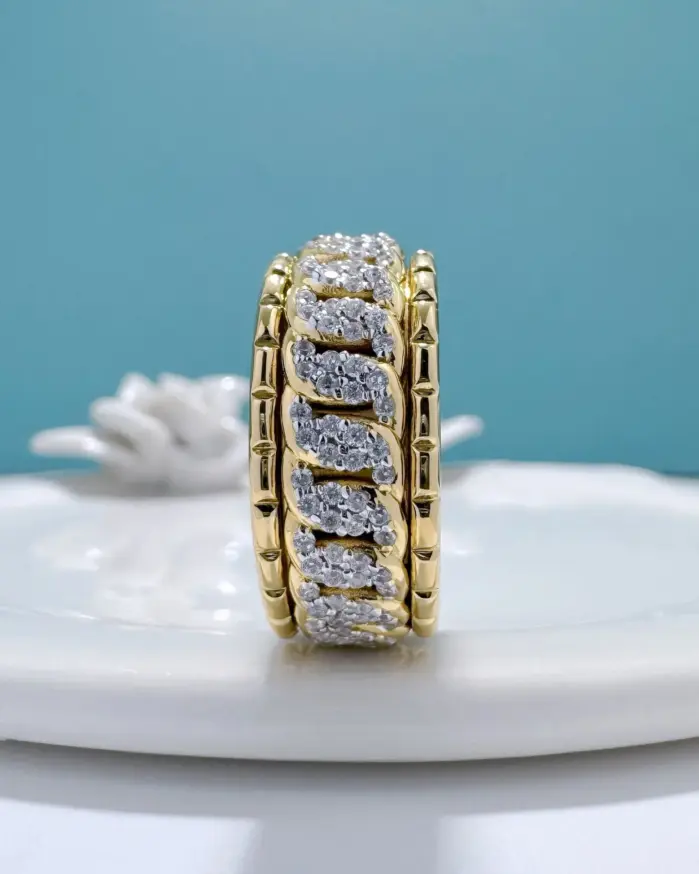 100% de lujo de oro auténtico de 18k para mujer, marca de moda hip-hop, anillo de diamante giratorio, diseño de cadena cubana, anillo de moissanita 1