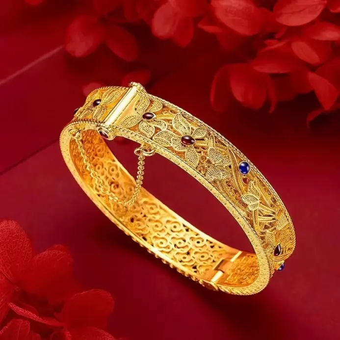 Pulsera de oro puro de 24 quilates AU999, joyería femenina de filigrana hueca de estilo palaciego retro con corazón de orquídeas esmaltado de tendencia nacional 2