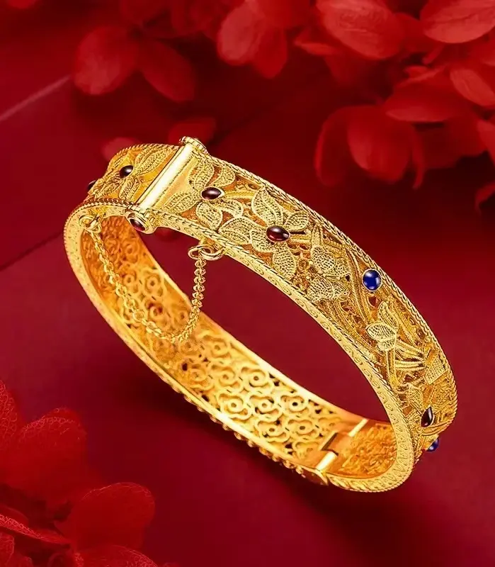 Pulsera de oro puro de 24 quilates AU999, joyería femenina de filigrana hueca de estilo palaciego retro con corazón de orquídeas esmaltado de tendencia nacional 2