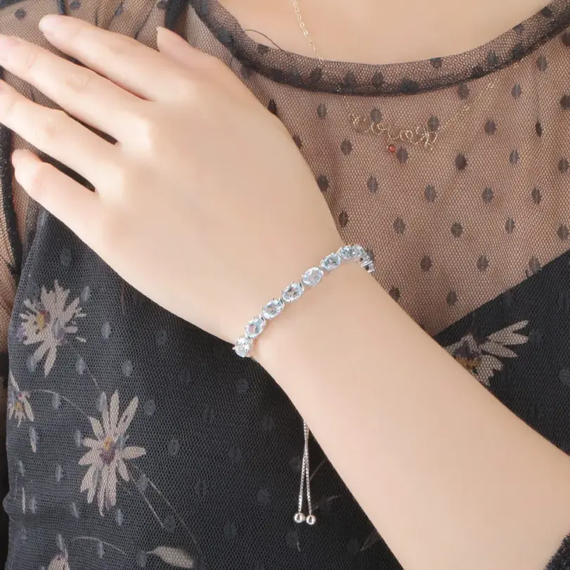 Nano Topacio Azul Cielo 925 pulseras de eslabones de cadena de plata esterlina para mujer joyería fina pulsera ajustable 4
