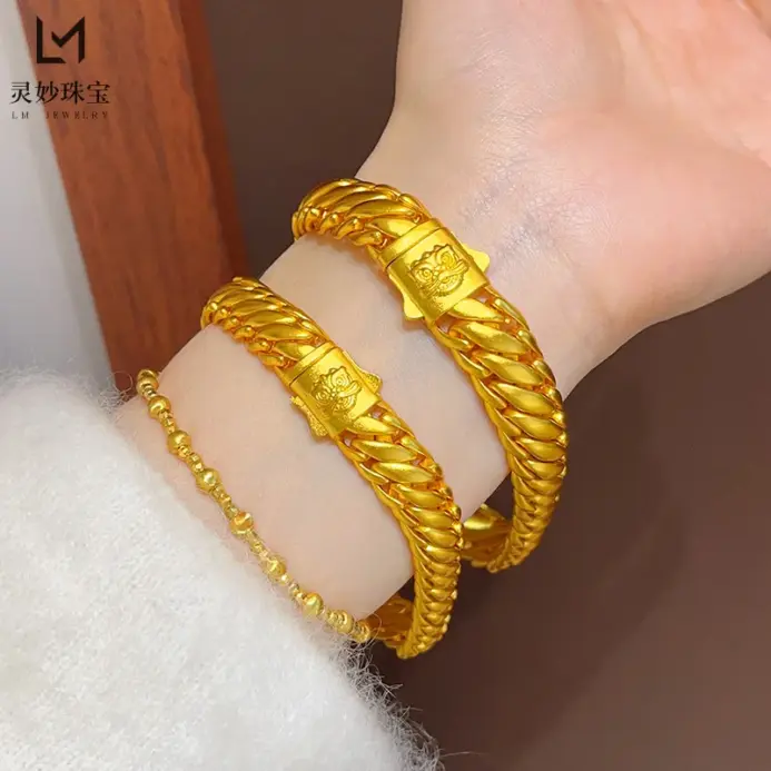 Pulsera de látigo de tres caballos con tablero de León antiguo para hombre, oro puro de lujo 24K 9999, cadena cubana de jefe esmerilada de cara ancha 2
