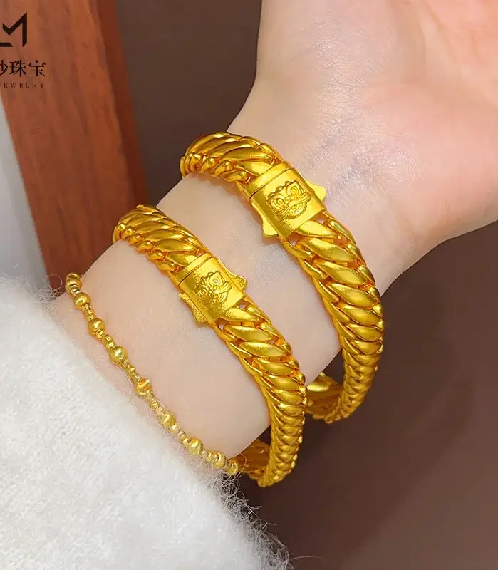Pulsera de látigo de tres caballos con tablero de León antiguo para hombre, oro puro de lujo 24K 9999, cadena cubana de jefe esmerilada de cara ancha 2