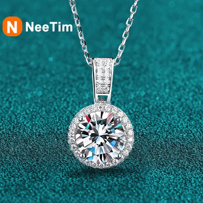 NeeTim-collar de moissanita de 2 quilates para mujer, 100% plata esterlina S925 con chapado en oro blanco, joyería de diamantes de laboratorio, colgante de boda 1
