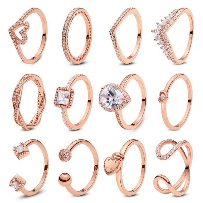 Anillos de plata de ley 925 para mujer, joyería de lujo con cristales de oro rosa, Original, infinito, corazón, compromiso, boda, regalo 1